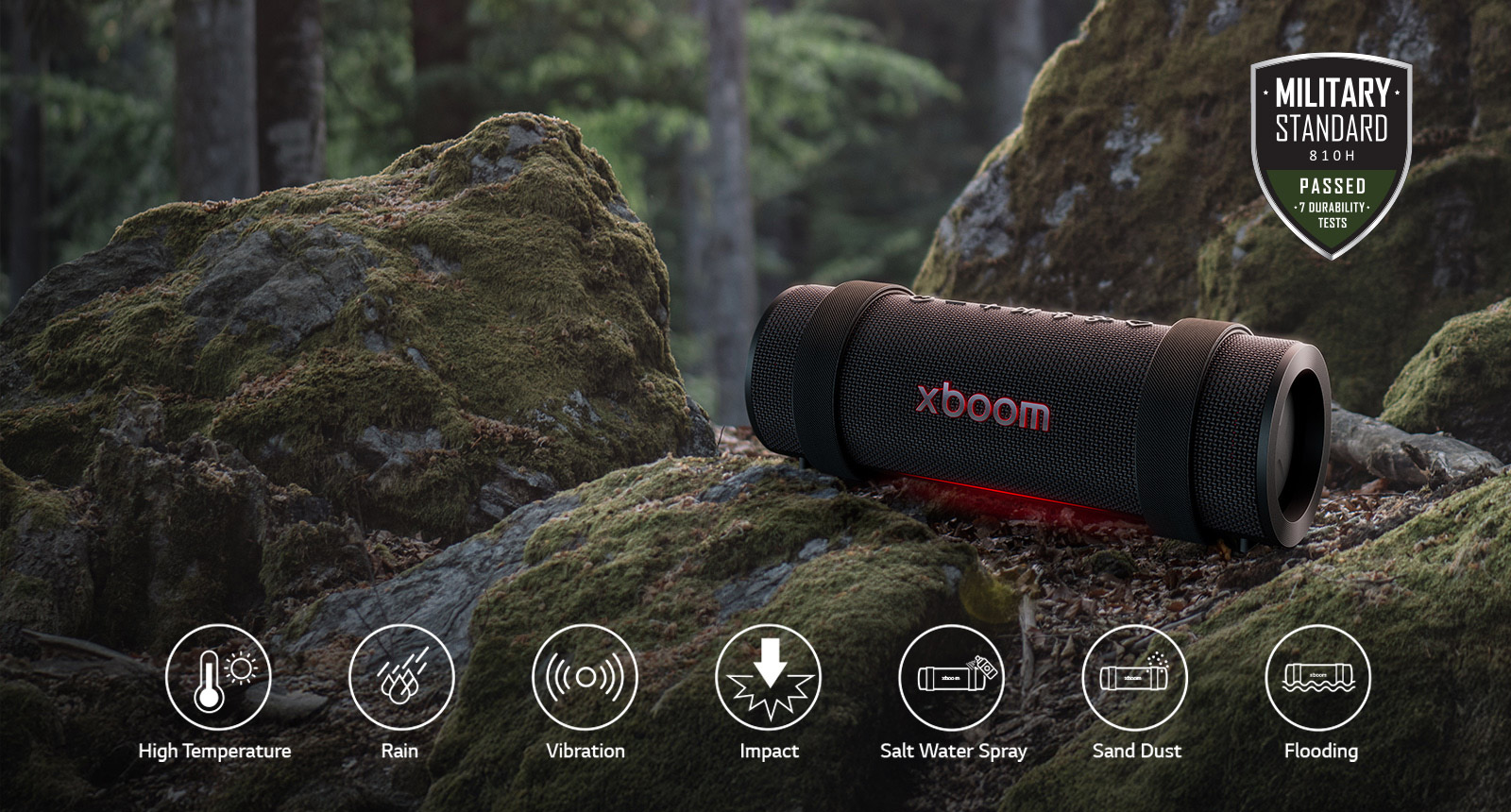 xboom Grab is placed on rock covered with moss. On the above right side Military standard logo is placed.