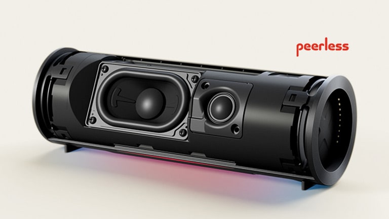 xboom Grab's internal units, woofer and tweeter are shown with its tweeter moving forward and vibrating rhythmically.	