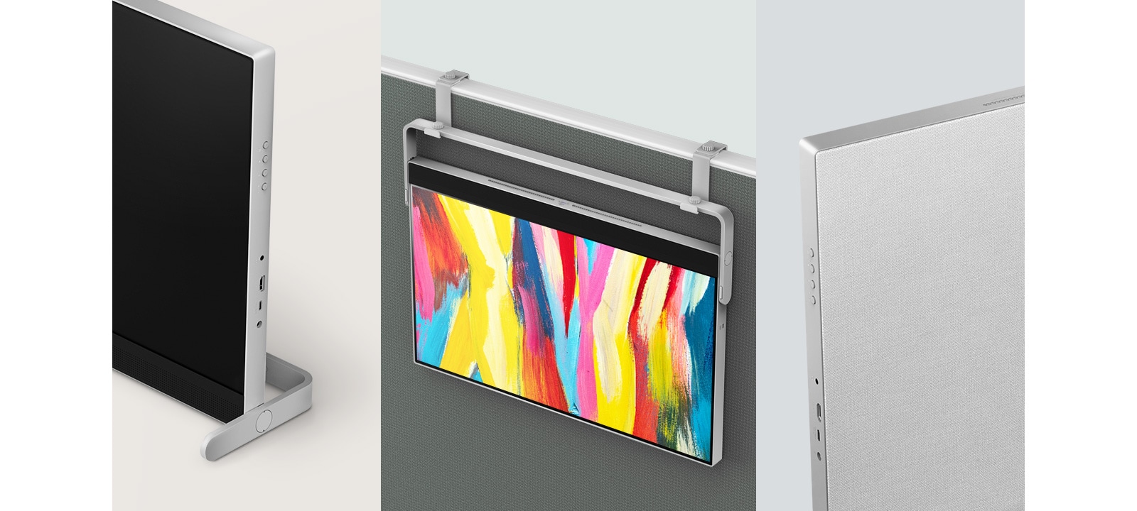 The metal stand with its fabric pattern back cover blends well into your office or home environment. Plus, its 3-side virtually borderless design suits even small spaces, and the option to hang a partition makes it more versatile.