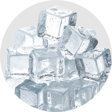 A pile of small, clear ice cubes stacked together.