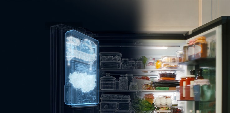 An open refrigerator with the Slim SpacePlus™ Ice System making ice.