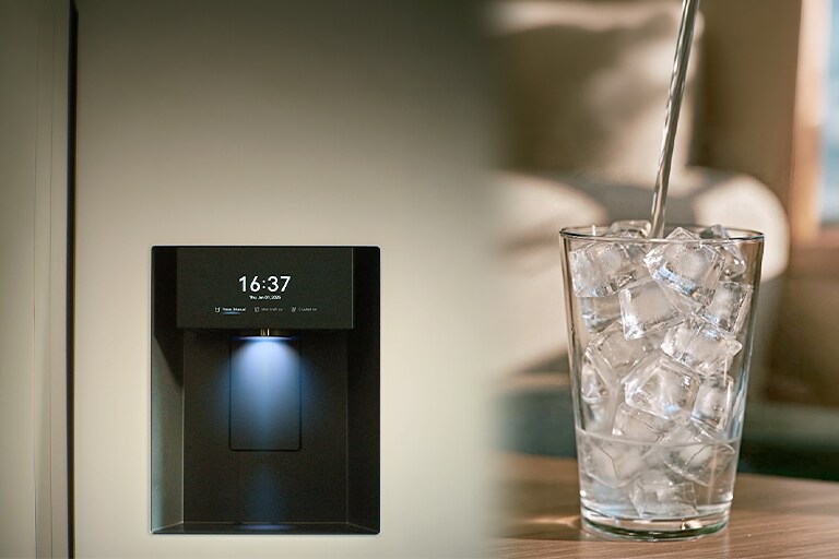 A dispenser with the UVnano feature on the left and water being poured into a cup filled with Cubed Ice on the right.