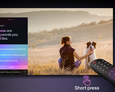 LG AI Magic Remote in front of an LG TV screen. On the screen is a personalized greeting from the LG AI with custom keywords based on the user's search and watch history. By the remote is an icon and label showing that the AI Concierge functionality is easily accessible with one short press on the AI button.