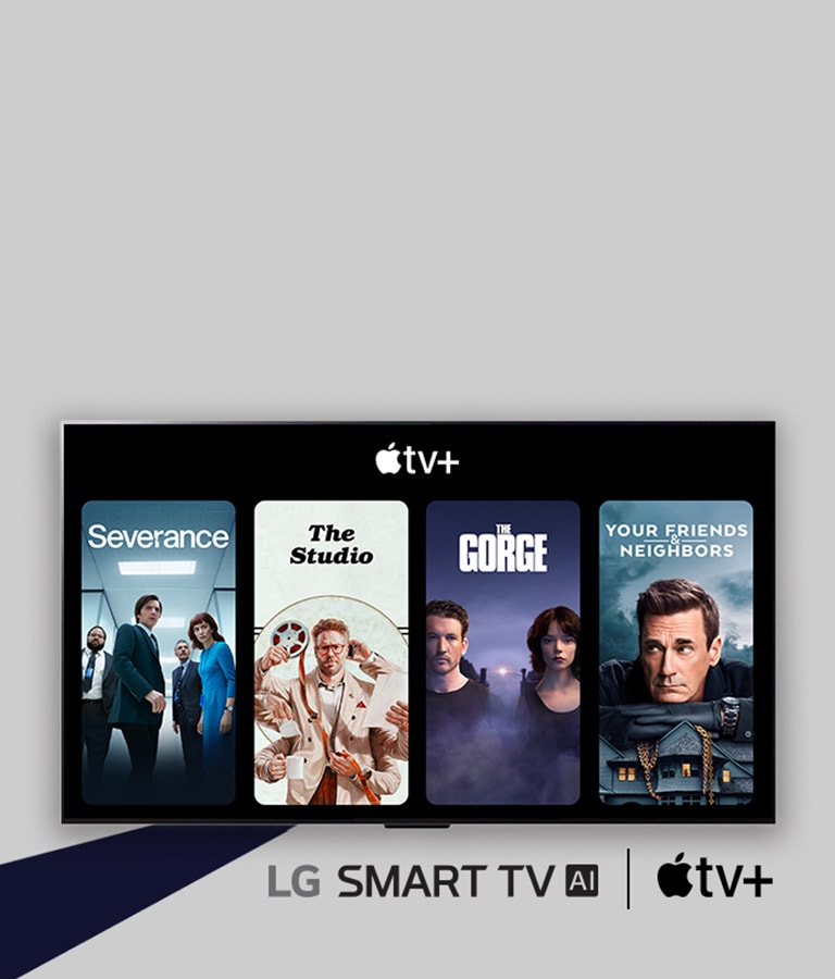 LG SMART TV AI(logo) and Apple(logo) tv+ are located side by side. On LG TV, four TV show thumbnails (Severance, The Studio, The Gorge, and Your Friends and Neighbors) are placed below the Apple (logo) tv+. 