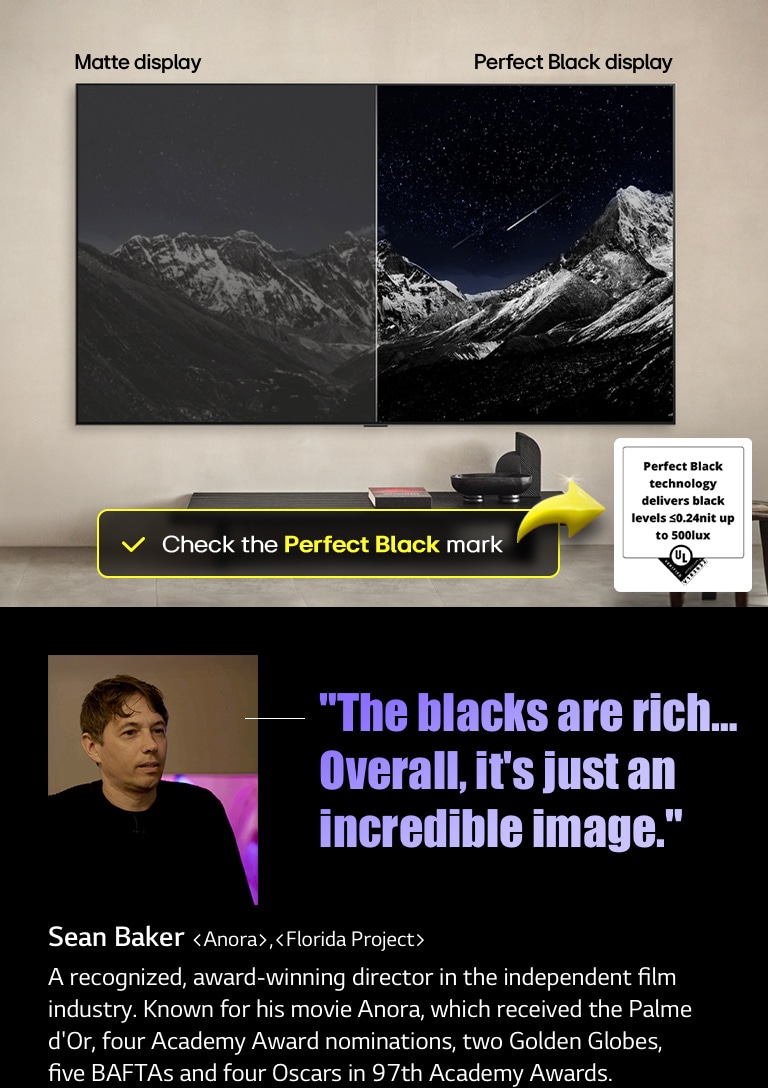 Wall-mounted LG OLED TV. On its screen is a mountain range against an evening sky filled with stars. The screen is split in half. On one end labeled Non Perfect Black display, the colors are dull and gray, the stars are hardly visible. On the other end labeled Perfect Black display, the blacks are deep and dark, the stars are bright and white, resulting in a very pleasing picture with high contrast.