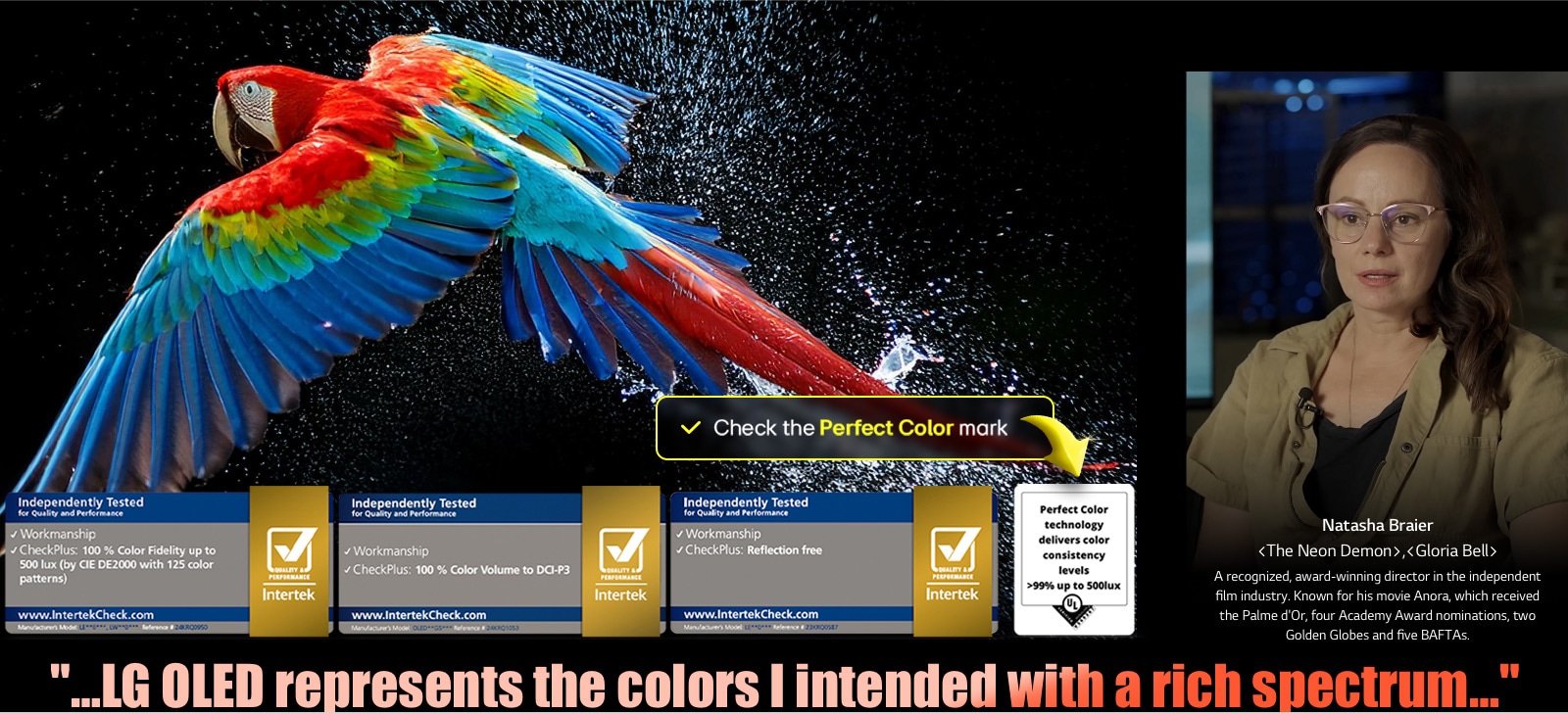 Colorful parrot in ultra-high definition against a black background. Water drops are suspended in the air all around it. The image showcases Perfect Color as each different hue on the parrot's body is vibrant and vivid. The dark background with the detailed water splashes also highlights how the screen is reflection-free. Different logo certifications from UL and Intertek are visible. These refer to its 100% Color Fidelity, 100% Color Volume, and reflection-free claim. Text is also visible, check the Perfect Color certification mark.