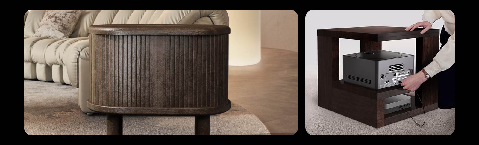 Scenes that show how the Zero Connect Box makes everything simple and convenient. In one scene, other peripheral devices are being connected to the Zero Connect Box that's under a side table. In the other scene, it shows how the Zero Connect Box can easily be hidden in a compartment of a side table with doors.