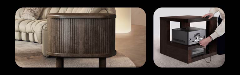 Scenes that show how the Zero Connect Box makes everything simple and convenient. In one scene, other peripheral devices are being connected to the Zero Connect Box that's under a side table. In the other scene, it shows how the Zero Connect Box can easily be hidden in a compartment of a side table with doors.