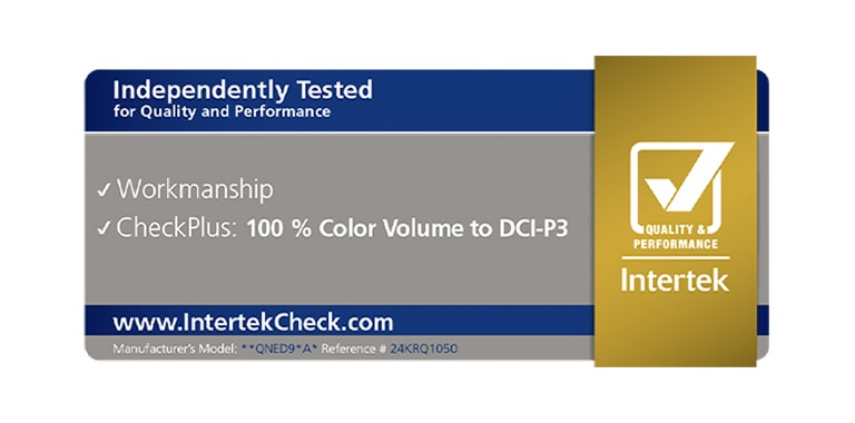 Intertek certification showing how the LG QNED TV was independently tested for 100% Color Volume to DCI-P3.