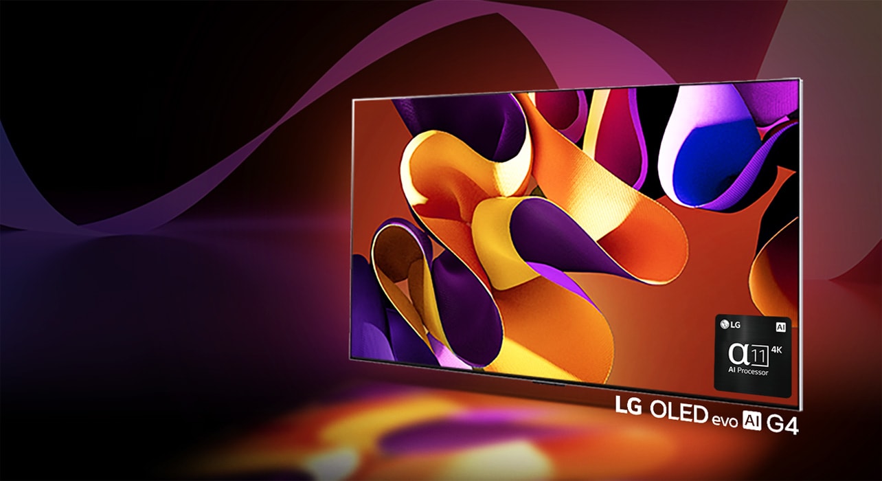 LG OLED evo AI G4 shows a colorful abstract art scene.