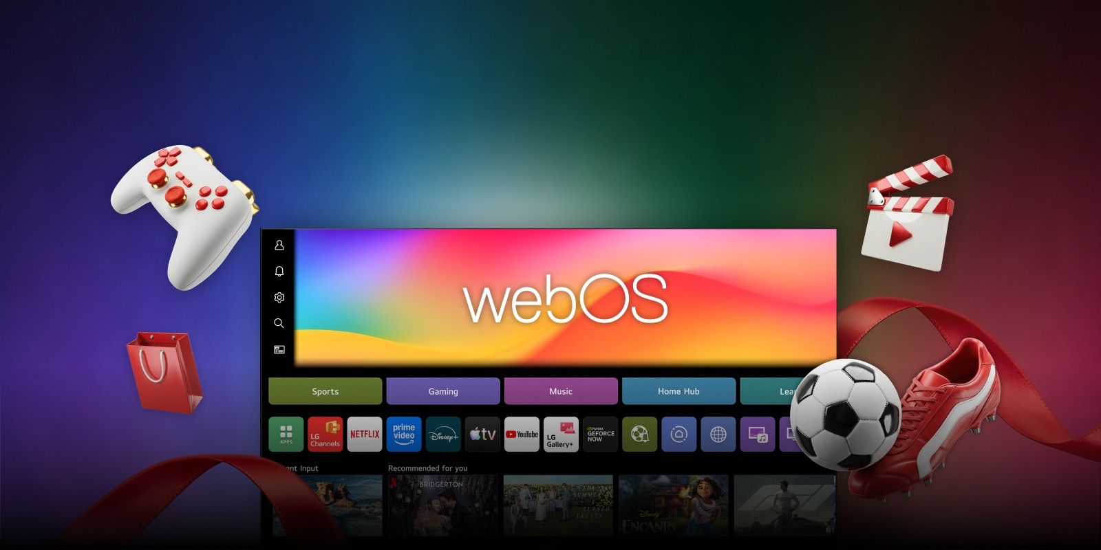LG webOS features special streaming offers highlighted on a vibrant background, showcasing sports, gaming, and music categories along with promotional icons. 