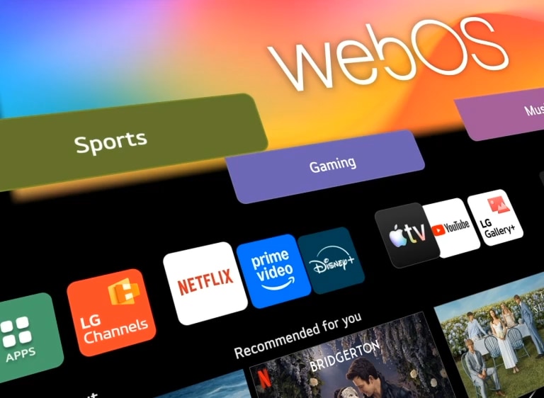 LG Smart TV interface featuring animated category boxes seamlessly transitioning into the webOS home screen, showcasing personalized content access through a unified smart hub.