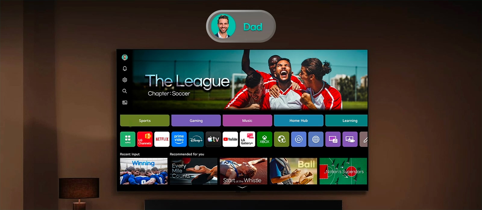 LG Smart TV with webOS home screen on the right and a floating profile image on the left transitioning from dad to mom, highlighting personalized user accounts and tailored content recommendations.