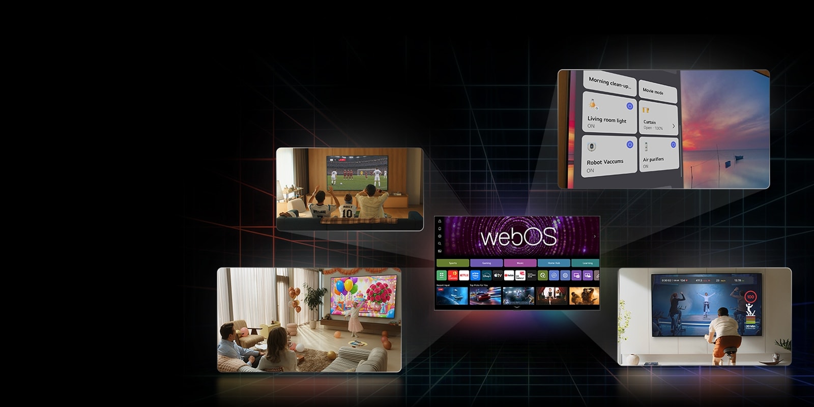 LG AI TV image includes a central webOS main interface with multiple user activities and varied content displayed around it, highlighting its functionality.