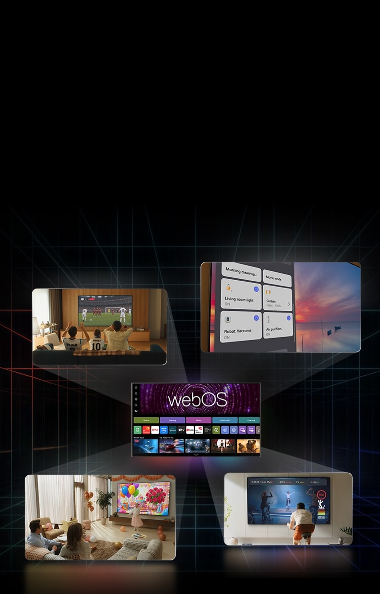 LG AI TV image includes a central webOS main interface with multiple user activities and varied content displayed around it, highlighting its functionality.