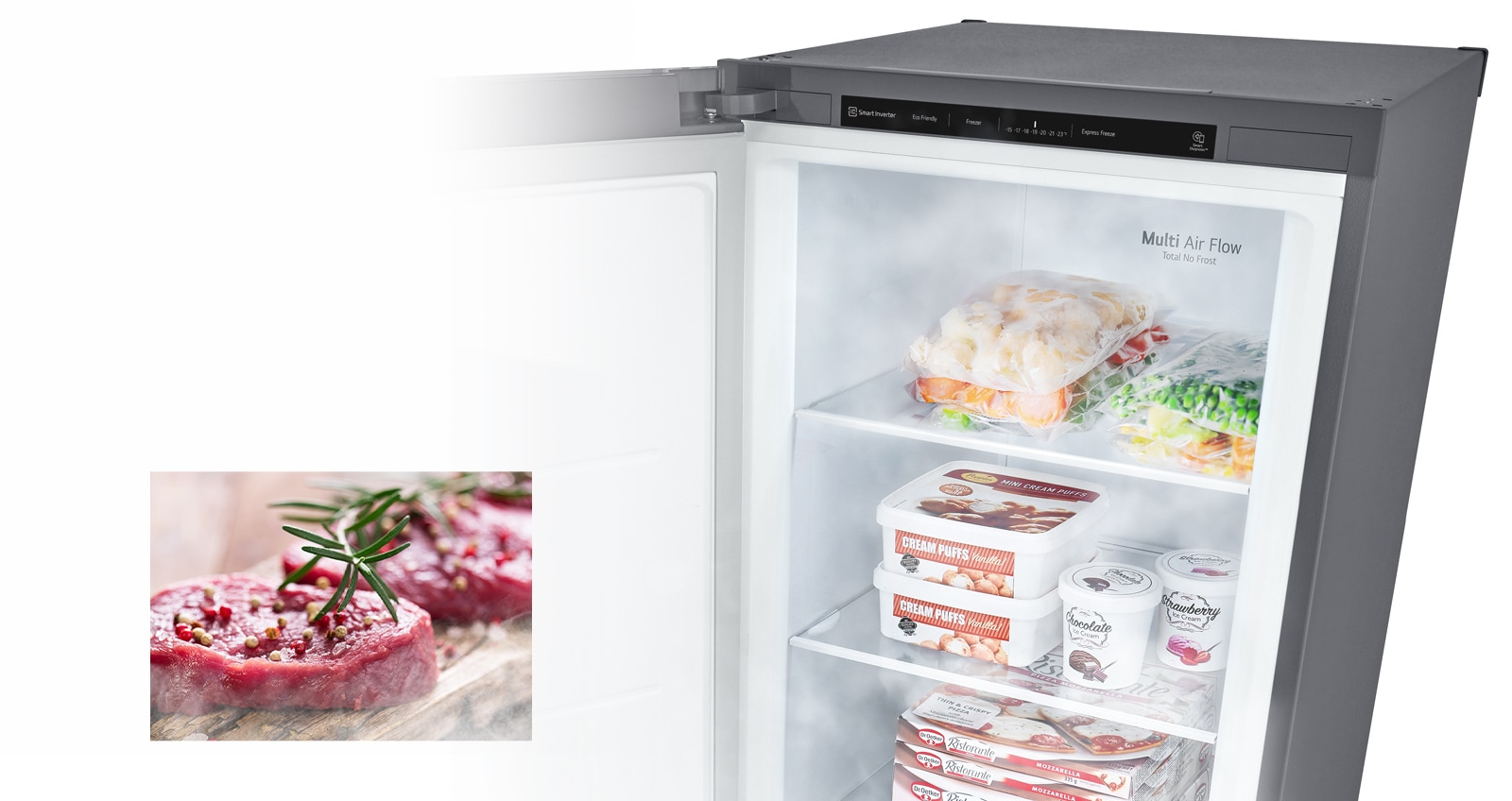 image shows an open freezer filled with produce and cold air blowing throughout.