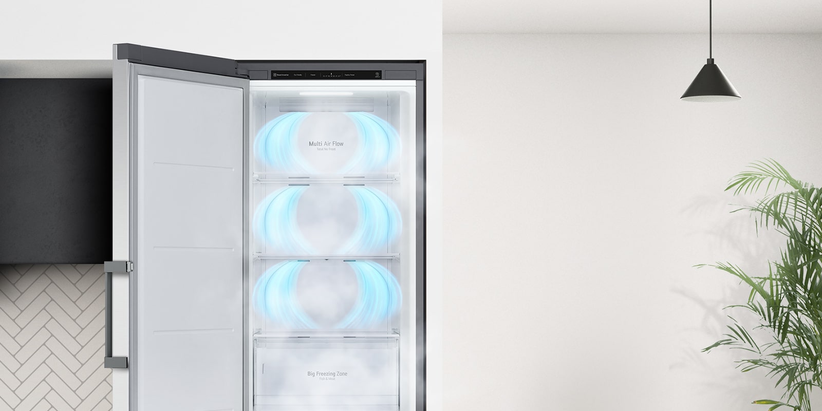 The freezer is shown with the door opening out. Blue air is blowing from the top of each section.