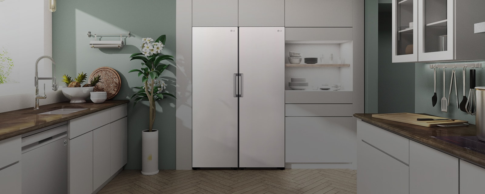 The front view of the refrigerator and freezer or shown fitting in seamlessly in a modern kitchen.
