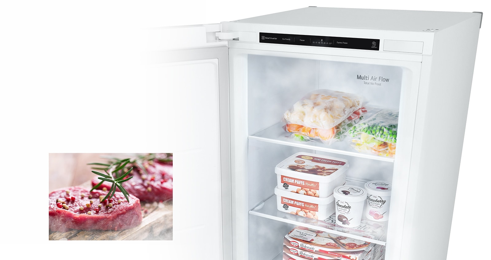 image shows an open freezer filled with produce and cold air blowing throughout. 