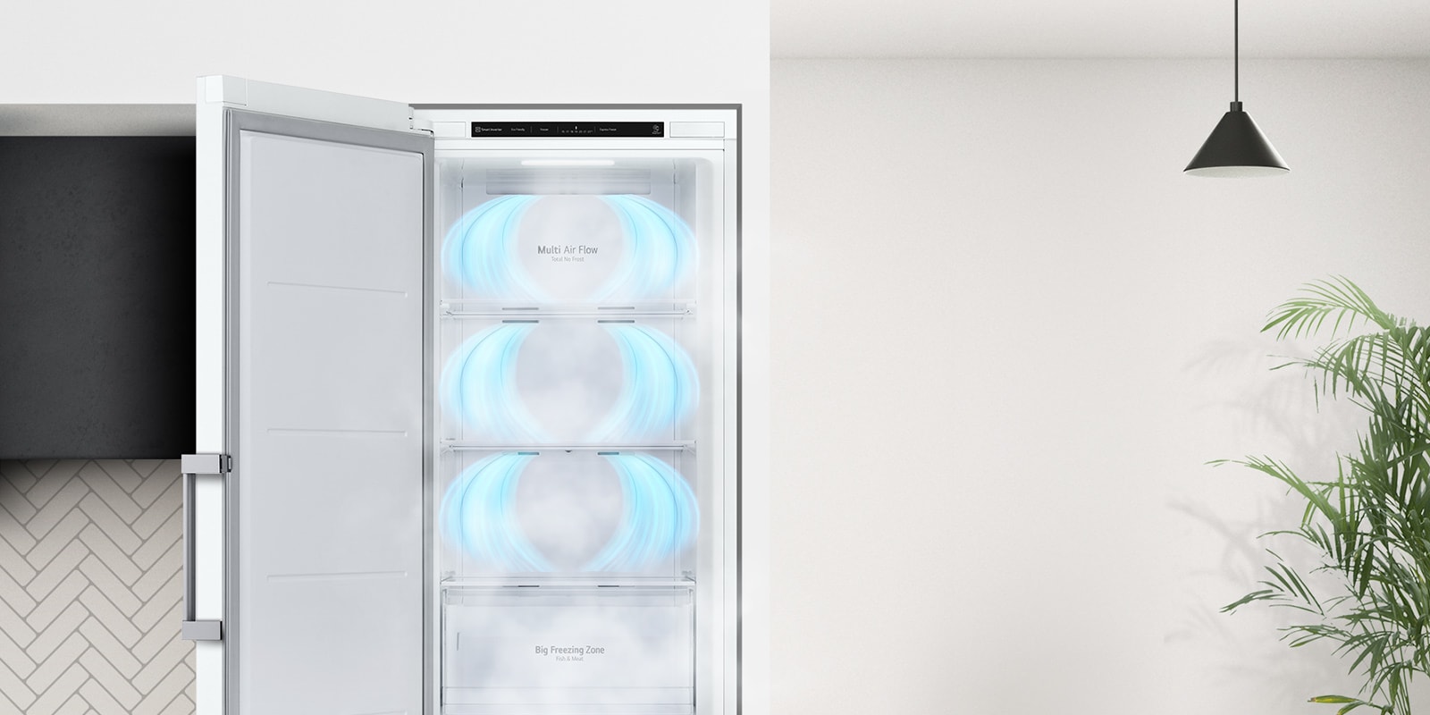 The freezer is shown with the door opening out. Blue air is blowing from the top of each section to completely.