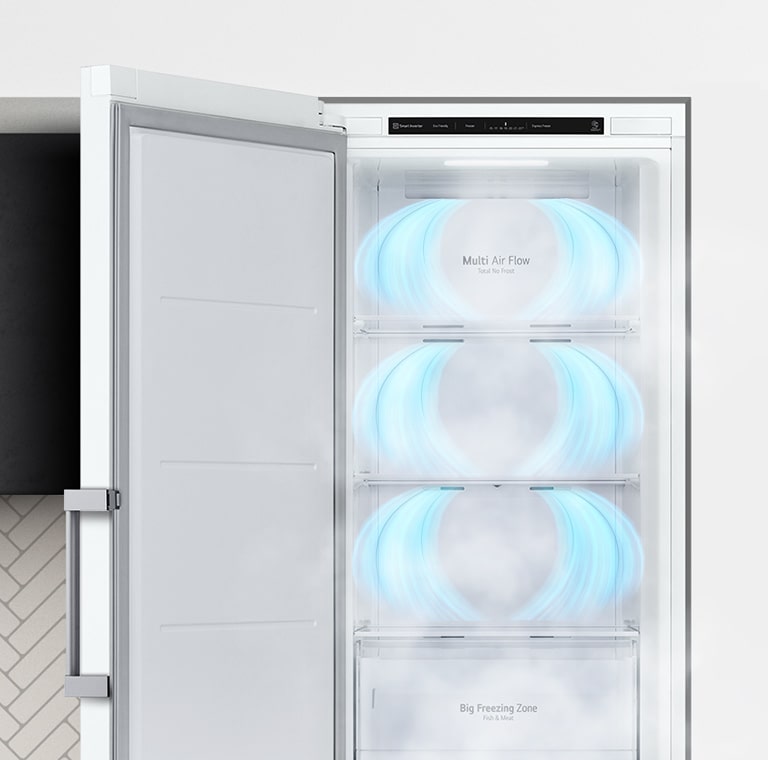 The freezer is shown with the door opening out. Blue air is blowing from the top of each section to completely.