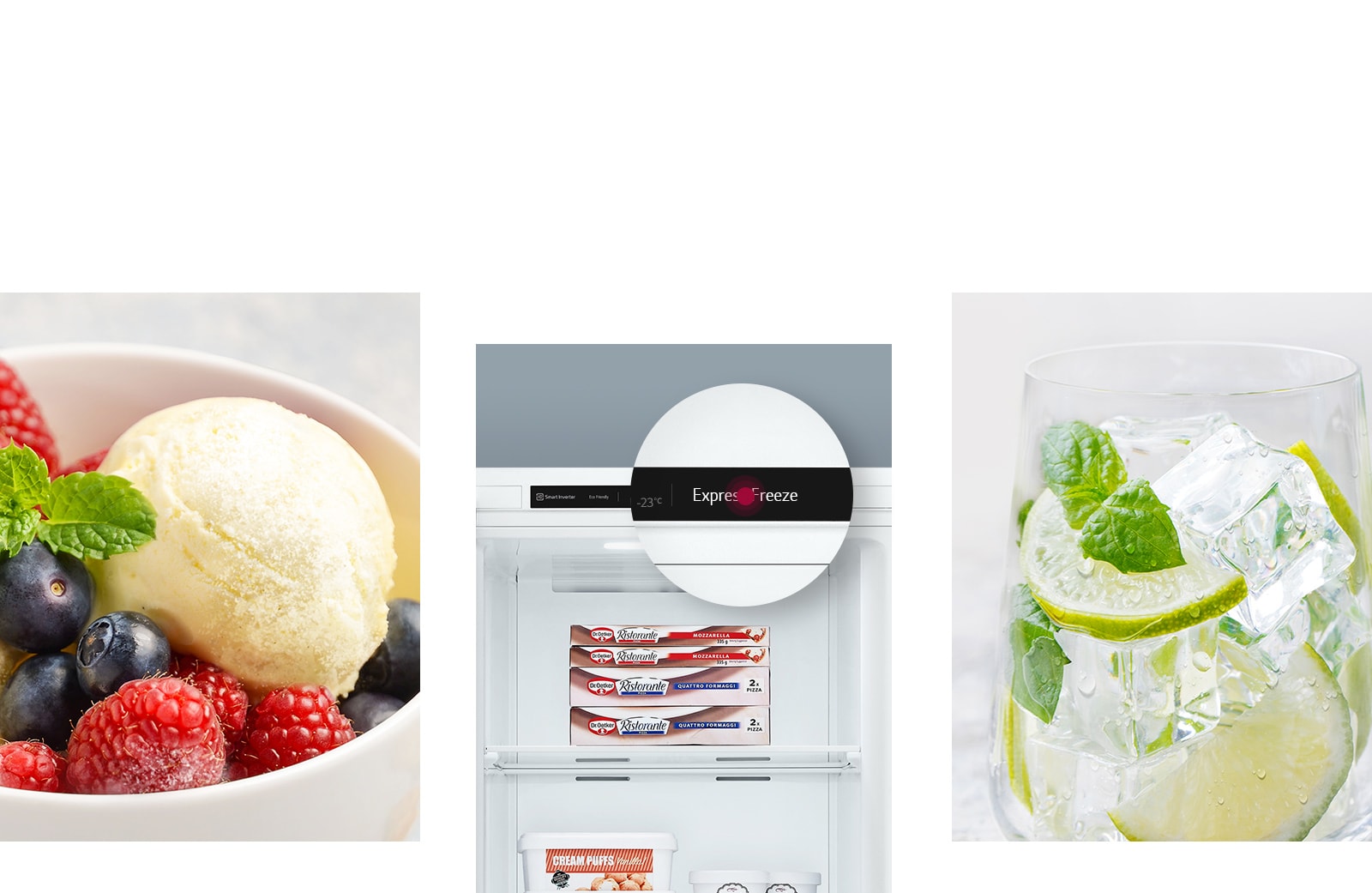 One image shows a bowl of icecream . A second image shows the interior of the freezer . A third image shows a drink ice.