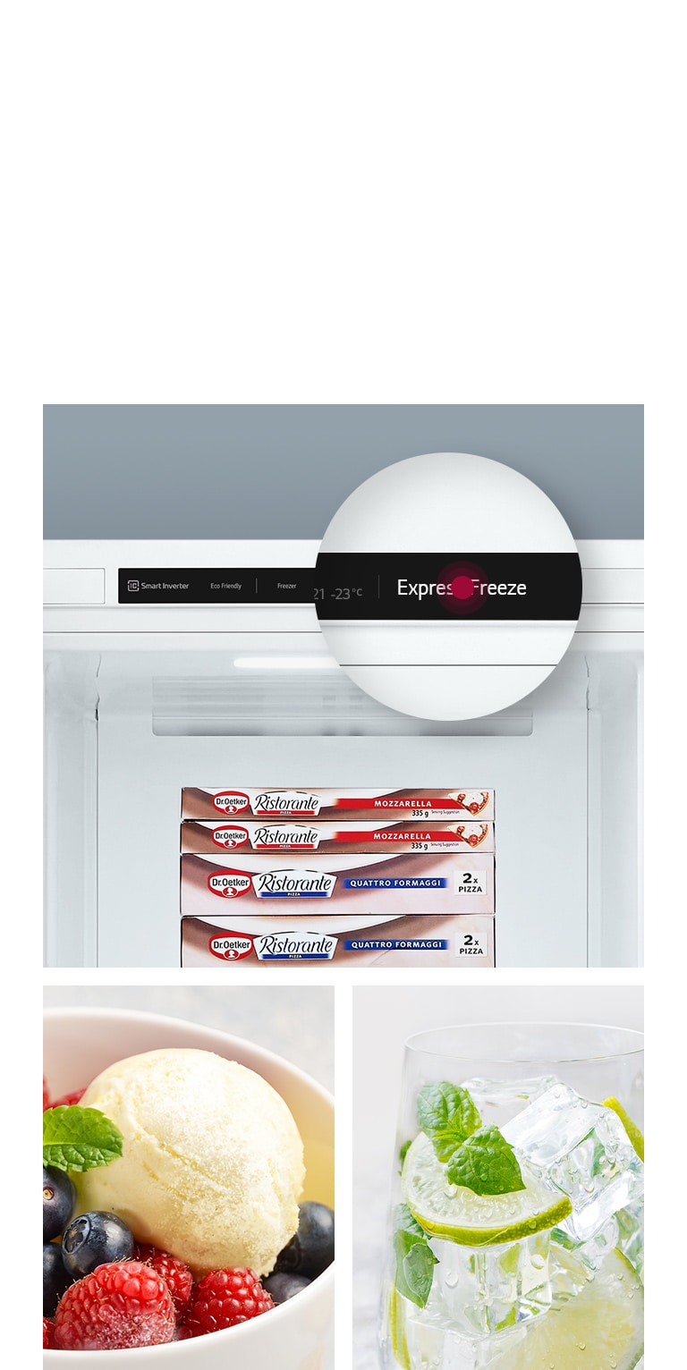 One image shows a bowl of icecream . A second image shows the interior of the freezer . A third image shows a drink ice.