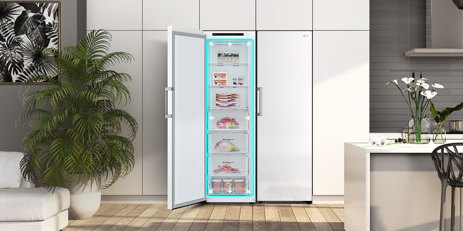 The freezer is shown from the front with the door open.