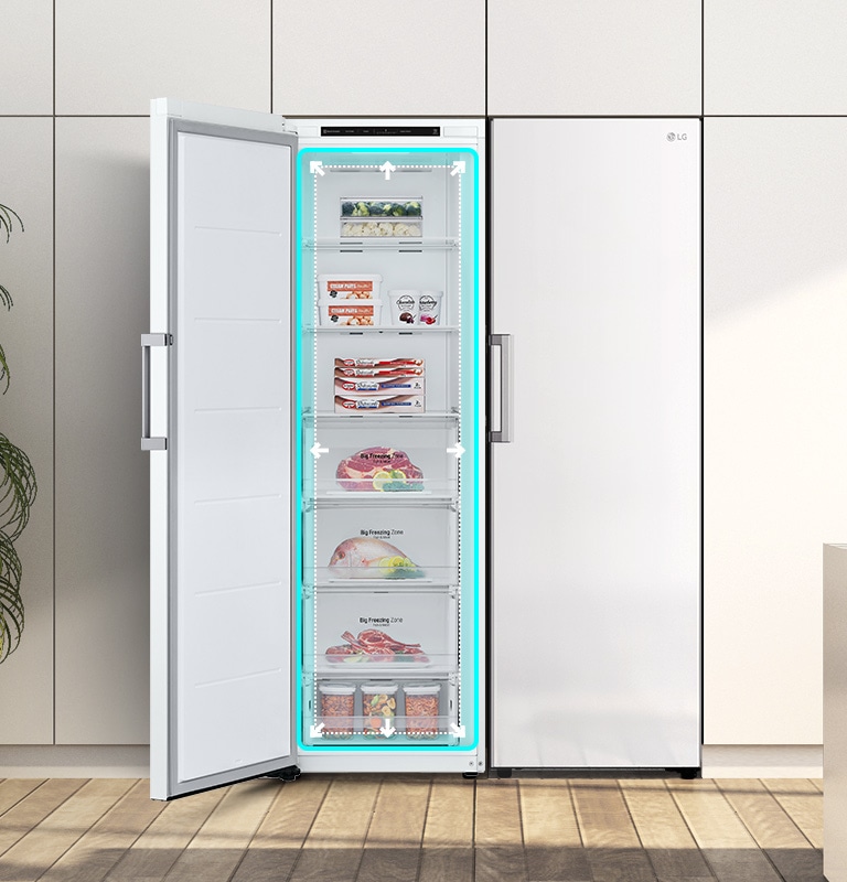 The freezer is shown from the front with the door open.