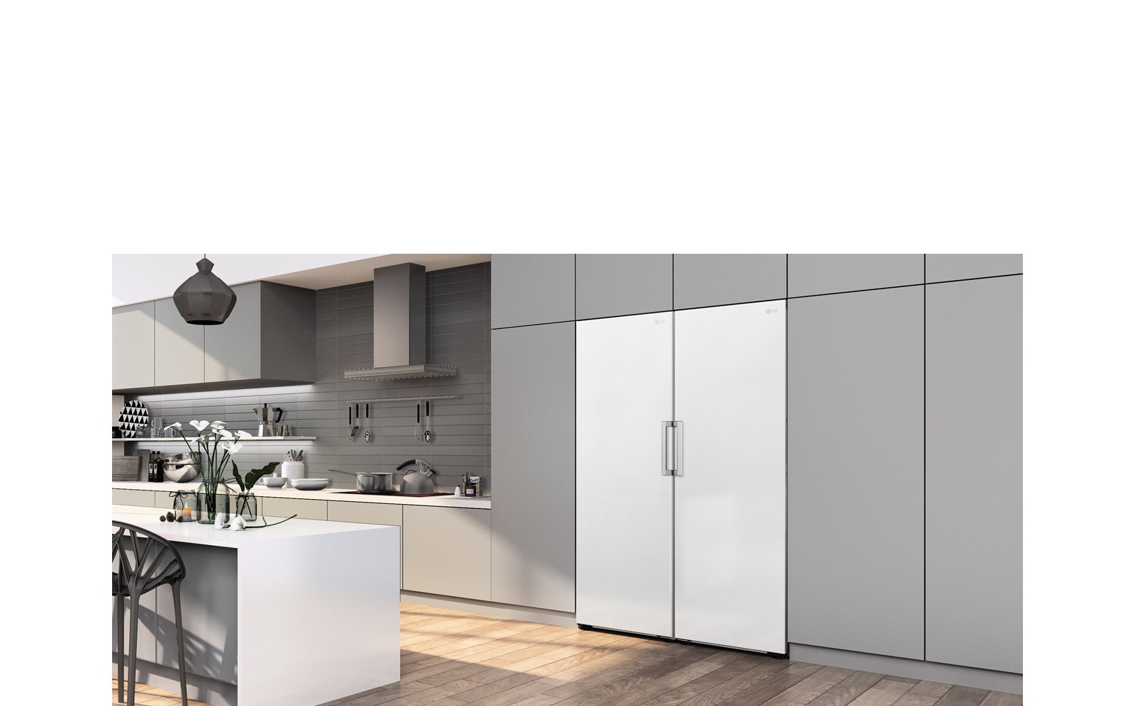 The freezer is shown at an angle seamlessly fitting in with the cabinets in a modern kitchen.