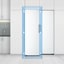  A blue 3D square and arrows pointing inward toward the door show how the freezer fits perfectly in a standard kitchen.