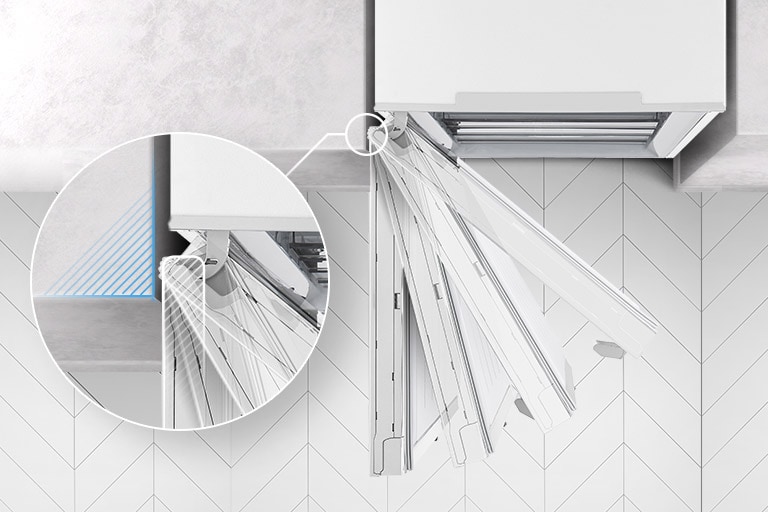 The freezer is shown from above with the door swinging out and stopped in four different places and a magnified inset of the hinges shows the hinge can be flush with the wall and never touch it when opening.