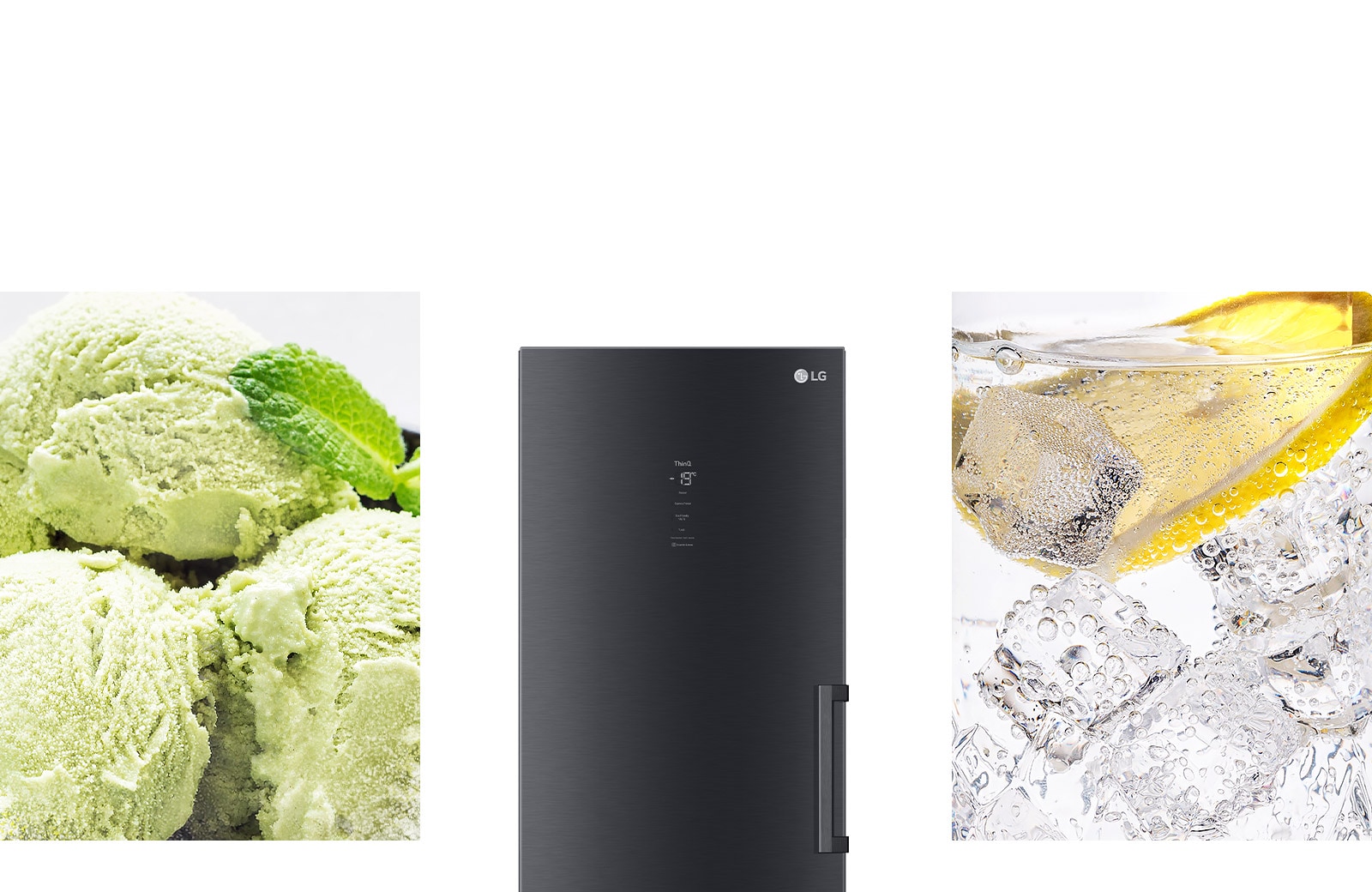 A picture of green ice cream and a picture of ice in a glass highlighting the "Express Freeze" button.