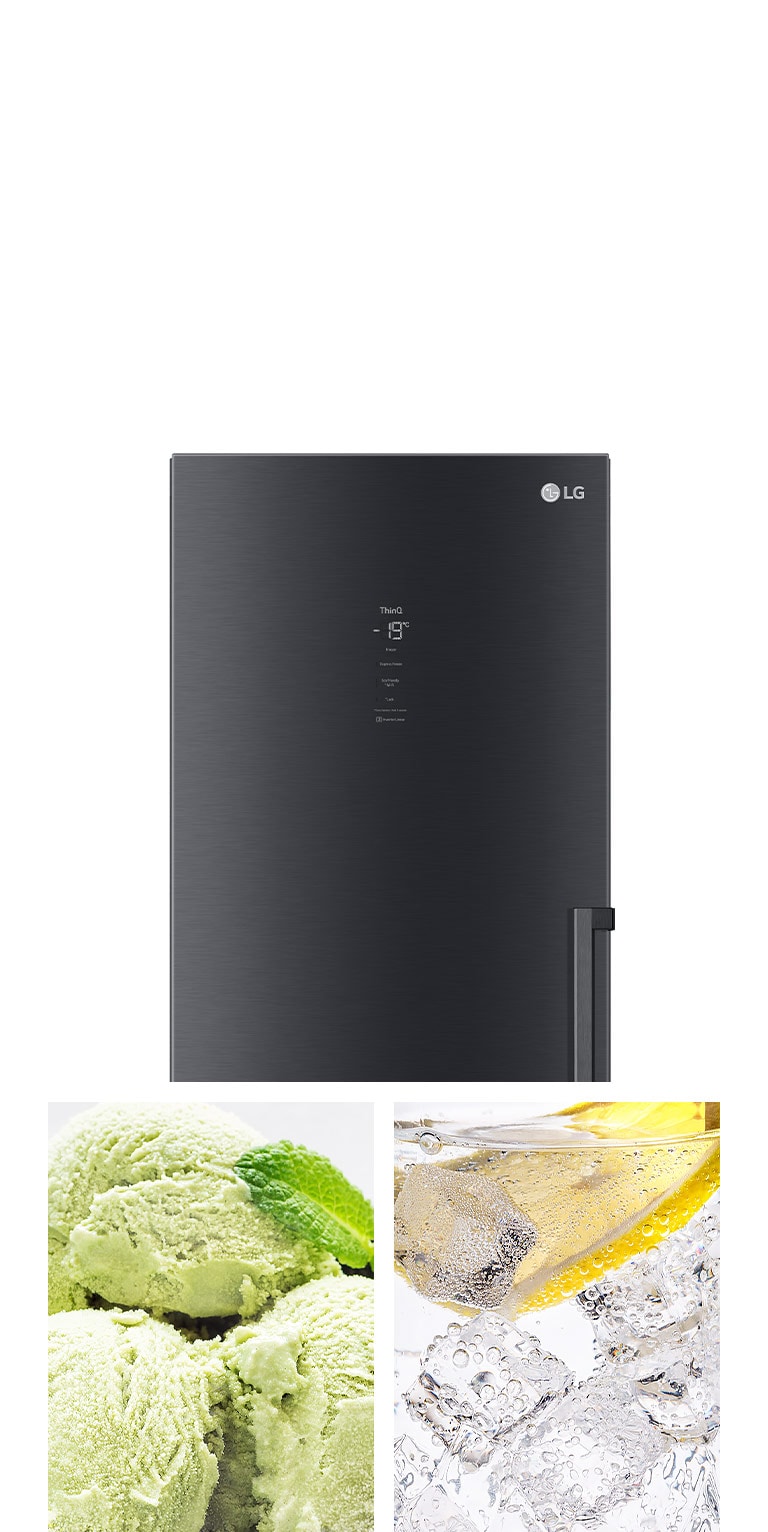 A picture of green ice cream and a picture of ice in a glass highlighting the "Express Freeze" button.