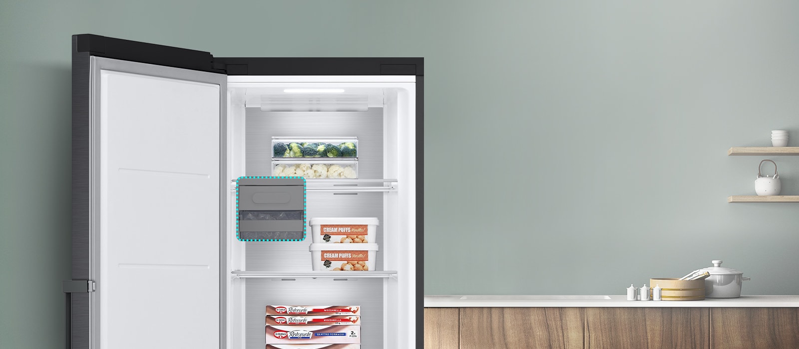 The freezer is open and items are placed on various shelves.