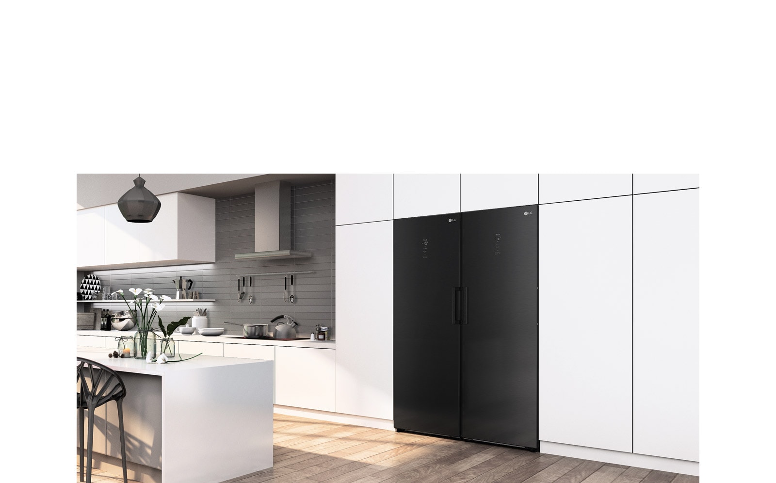 The freezer is shown at an angle seamlessly fitting in with the cabinets in a modern kitchen.