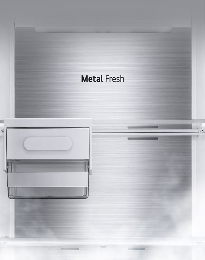 The interior of the fridge is shown empty with the ice rack and shelf in place and the back which is labeled "Metal Fresh".