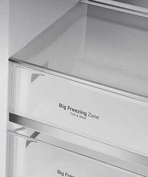 The metallic decorations inside the fridge on the drawers are highlighted and labeled "Metallic Decoration" on the photo.