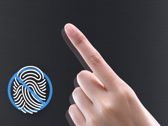 A hand pointing finger print to the left that has been crossed out hover over the metallic exterior of the fridge.