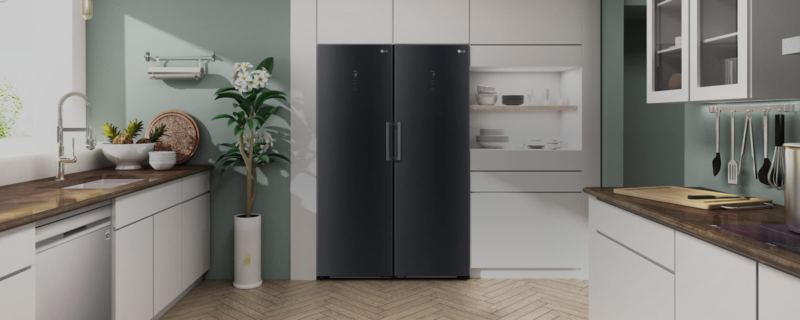 The front view of the refrigerator and freezer or shown fitting in seamlessly in a modern kitchen.