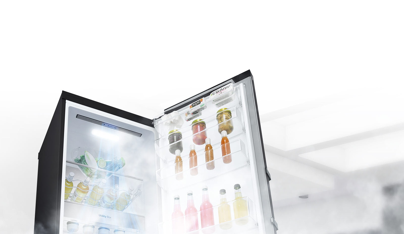 The refrigerator is shown open at an angle and filled with produce. White air is blowing from the top of the interior down around all of the food to keep it cool.