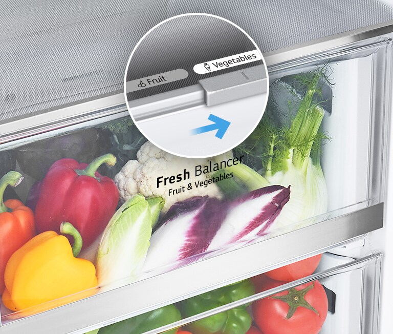 The bottom drawers of the fridge are filled with colorful fresh produce. An inset image magnifies the control lever to choose the optimal humidity level to keep produce fresh.