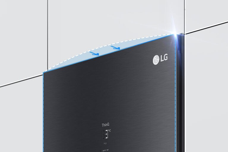 The top of the refrigerator is shown at an angle with two arrows pointing in toward the wall at the top edge indicating the refrigerator is flush with the cabinets surrounding it.