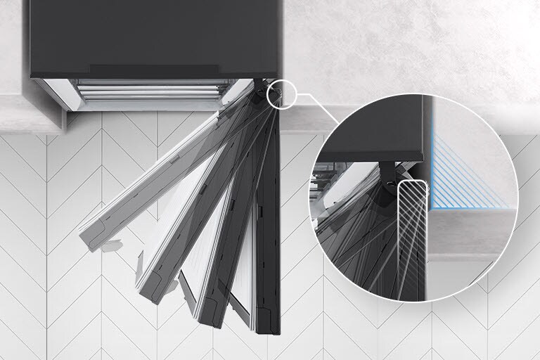 The top of the refrigerator is shown with the door swinging open and stopped at four different angles and a magnified inset of the hinge which never touches the wall it's next to.