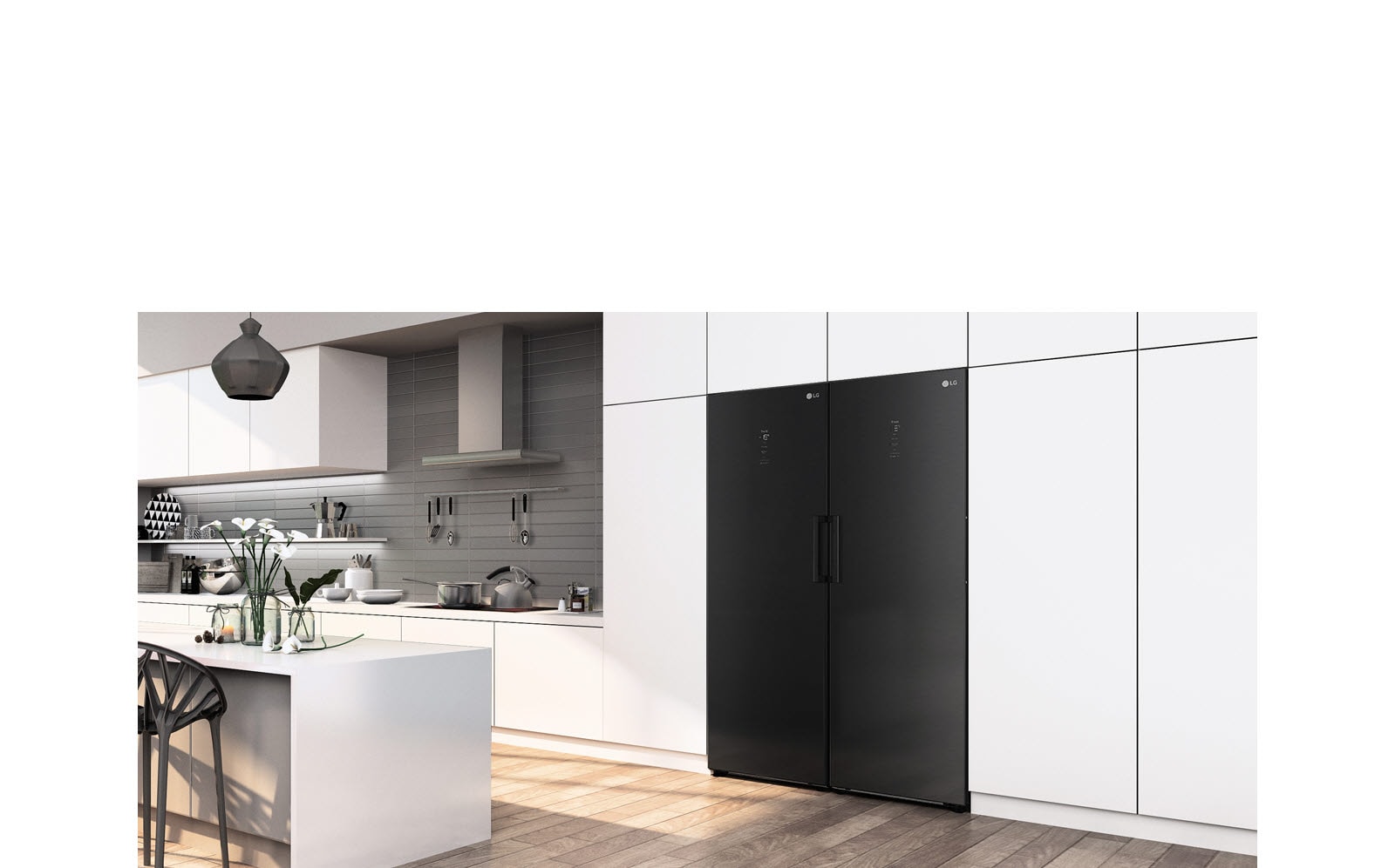 The refrigerator is seen seamlessly fitting into a kitchen.