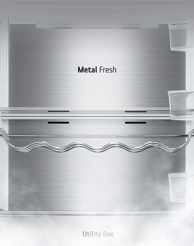 The interior of the fridge is shown empty with the wine rack and shelf in place and the back which is labeled "Metal Fresh".
