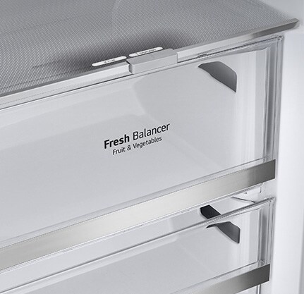 The metallic decorations inside the fridge on the drawers are highlighted and labeled "Metallic Decoration" on the photo.