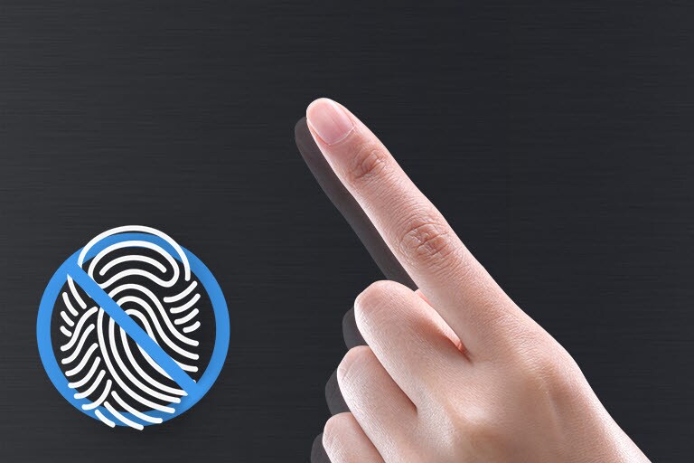 A hand with a pointing finger and a large finger print to the left that has been crossed out hover over the metallic exterior of the fridge.