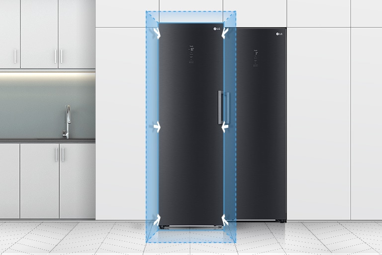 The front view of the freezer is shown in a kitchen.