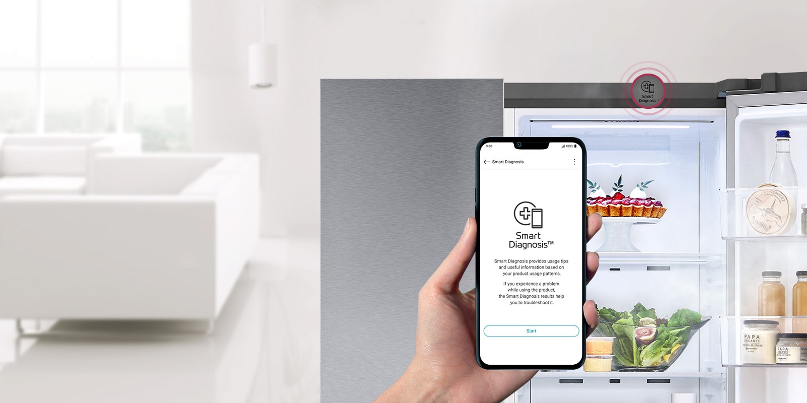 A hand holds a phone. The screen of the phone shows the Smart Diagnosis app. The refrigerator in the background has one side open showing the contents inside. There is a Smart Diagnosis icon above the refrigerator.